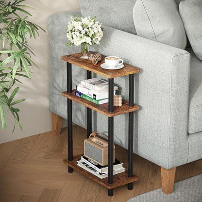 Apicizon Small Narrow Side Table, 3-Tier Skinny End Table for Small Spaces, Slim Nightstand with Storage Shelf, Bedside Table for Living Room, Bedroom, Rustic Brown and Black - color: Rustic Brown and Black, style: Narrow Side Table