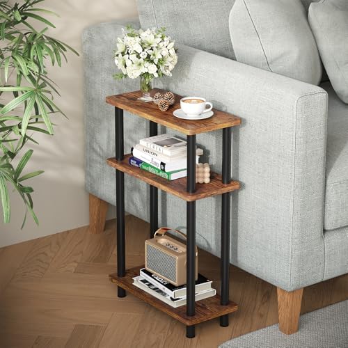 Apicizon Small Narrow Side Table, 3-Tier Skinny End Table for Small Spaces, Slim Nightstand with Storage Shelf, Bedside Table for Living Room, Bedroom, Rustic Brown and Black - color: Rustic Brown and Black, style: Narrow Side Table