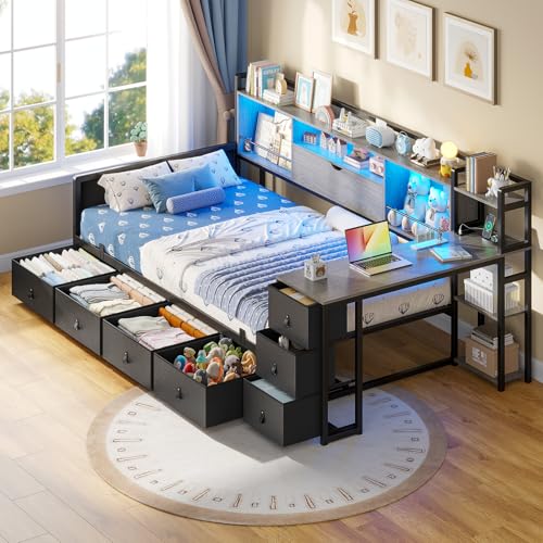 ADORNEVE Corner Bed Frame Twin Size with Desk, Storage Bookcase & 7 Drawers, Twin Metal Platform Daybed with Charging Station and RGB Lights, for Kids Bedroom, Black&Oak Gray - color: Black&oak Grey