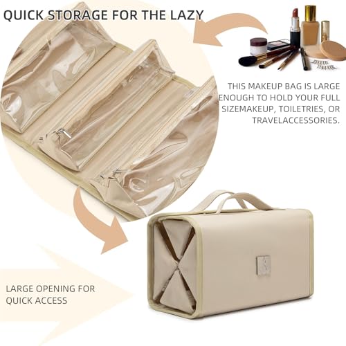 Roll Up Makeup Bag, Travel Toiletry Bag for Women with 4 Clear TSA Approved Pouches, Hanging Travel Organizer, Folding Cosmetic Bag for Men and Women - color: khaki