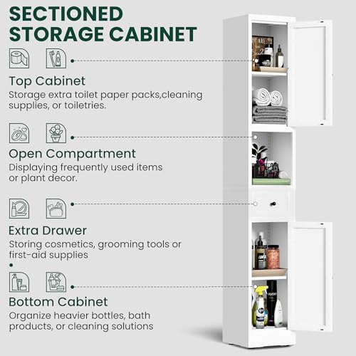 71" Tall Metal Bathroom Cabinet, 12" Slim Freestanding Locker with 2 Door & 1 Drawer, Narrow Storage Cabinet with Adjustable Shelves, for Small Spaces, Bathroom, Living Room, Modern - White