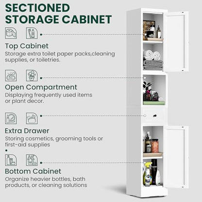 71" Tall Metal Bathroom Cabinet, 12" Slim Freestanding Locker with 2 Door & 1 Drawer, Narrow Storage Cabinet with Adjustable Shelves, for Small Spaces, Bathroom, Living Room, Modern - White
