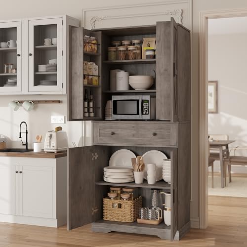 Garvee 71" Kitchen Pantry Cabinet, Barn Door Freestanding Cupboard with Drawer, Sliding Storage Rack, and 6 Hanging Shelves for Kitchen, Dining Room, Living Room Bedroom - color: Grey