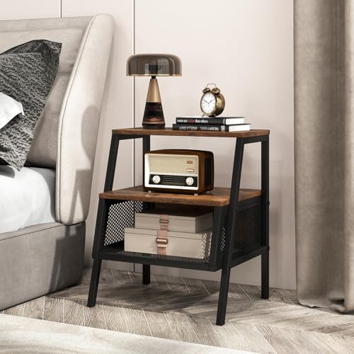 KOMFOTT Industrial Nightstand, 3-Tier End Table with 2 Open Shelves & Metal Mesh Compartment, Bedside Table with Heavy-Duty Metal Frame for Bedroom, Small Spaces, Rustic Brown (1)