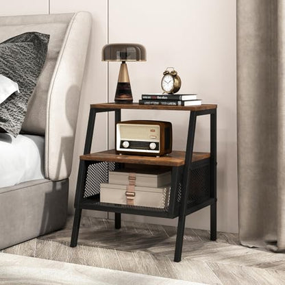 KOMFOTT Industrial Nightstand, 3-Tier End Table with 2 Open Shelves & Metal Mesh Compartment, Bedside Table with Heavy-Duty Metal Frame for Bedroom, Small Spaces, Rustic Brown (1)