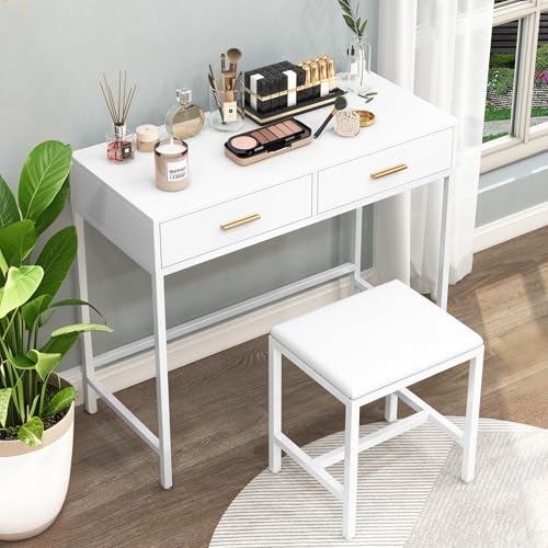 35.5" White Makeup Vanity Desk with Stool, Iron Frame Vanity Table with 2 Drawers, Rose Gold Handles, Solid Structure, No Mirror, Modern Writing Desk for Bedroom, 35.5" × 16" × 31"