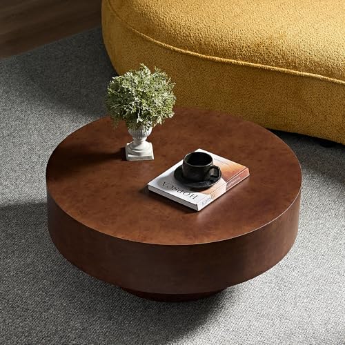 Round Coffee Table Wood, Modern Drum Low Short Faux Burl Low Short Coffee Tables for Living Room 31.49" W Mid Century Wooden Pedestal Fluted Circle Accent Small Center Apartment Easy Assembly Walnut - color: 31.49" Walnut