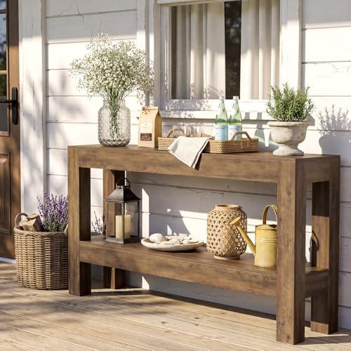 LITTLE TREE 63-Inch Entryway Console Table, Long Farmhouse Narrow Sofa Table for Living Room, Hallway, Entry, Entrance, Foyer, Behind Couch with 2-Tier Shelves, Rustic Brown - color: Light Brown
