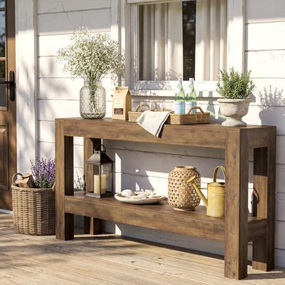 LITTLE TREE 63-Inch Entryway Console Table, Long Farmhouse Narrow Sofa Table for Living Room, Hallway, Entry, Entrance, Foyer, Behind Couch with 2-Tier Shelves, Rustic Brown - color: Light Brown