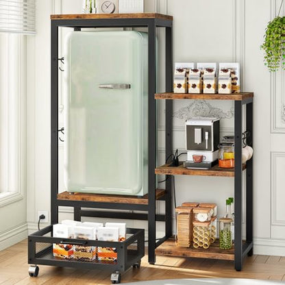 HOOBRO Mini Fridge Stand with Storage, Microwave Stand with Movable Basket, 3-Tiers Coffee Bar Station, Bakers Rack with Power Outlet, for Kitchen, Dorm, Office, Rustic Brown and Black BF38UHB01