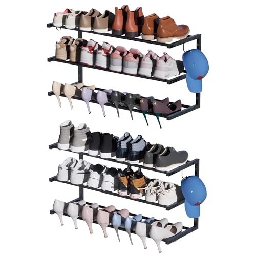 2 Pack Wall Mounted Shoe Rack, 3 Tier Hanging Shoe Rack Holds 24 Pairs, 17"-30"Adjustable Heavy Duty Shoe Organizer Holder with 4 Storage Hooks, Space Saving for Closet Entryway, Black, Patent Pending - color: Black, size: 2 Pack