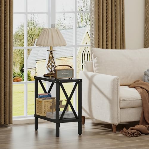 MMEOLUOOK Narrow End Table, Large Sofa Side Table, Farmhouse Nightstand with Storage Shelve, Slim Bedside Table for Living, Room Bedroom, Lounge Black MLBZ17B