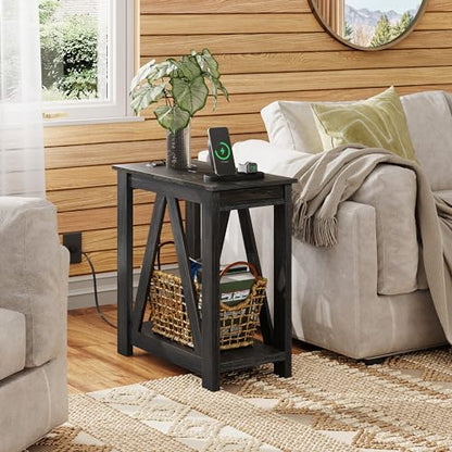 WLIVE Narrow Black End Table with Charging Station of Open Storage Shelf, Sofa Side Table with 2 USB Ports and 2 Power Outlets, Slim Farmhouse End Table for Small Spaces, 11.8" D x 23.6" W x 23.74" H - color: Charcoal Black