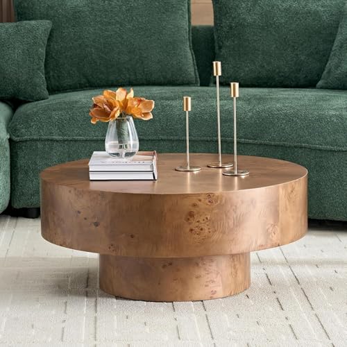 Round Coffee Table Wood, Modern Drum Burl Low Short Coffee Tables for Living Room 31.49" W X 13.77''h Mid Century Wooden Pedestal Fluted Circle Accent Small Center Apartment Easy Assembly Dark Walnut - color: 31.49" Burl Walnut