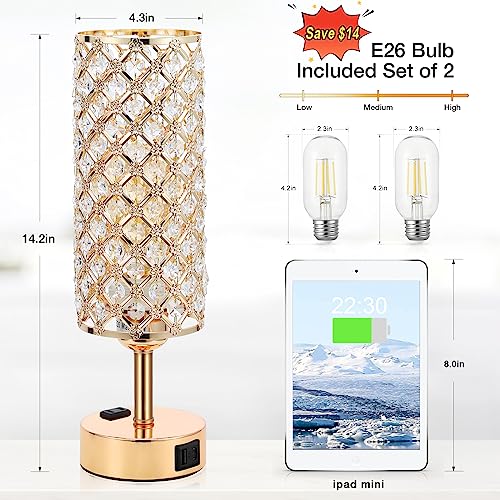 Hong-in Gold Lamps Set of 2, Dimmable Gold Lamps for Nightstand with USB-C+A & AC Charging Ports, 3-Way USB Crystal Lamp, Bedside Desk Light for Bedroom Living Room Home Office(Bulb Included) - color: Gold