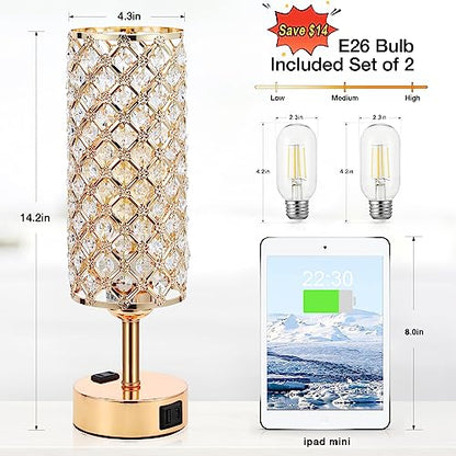 Hong-in Gold Lamps Set of 2, Dimmable Gold Lamps for Nightstand with USB-C+A & AC Charging Ports, 3-Way USB Crystal Lamp, Bedside Desk Light for Bedroom Living Room Home Office(Bulb Included) - color: Gold