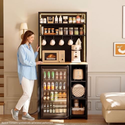 IRONCK Bakers Rack with Mini Fridge Space & Power Outlets, 69.3" Coffee Bar Station with LED Lights, 7-Tier Kitchen Microwave Stand with Hooks & Wooden Backboard, Space-Saving Utility Organizer, Black