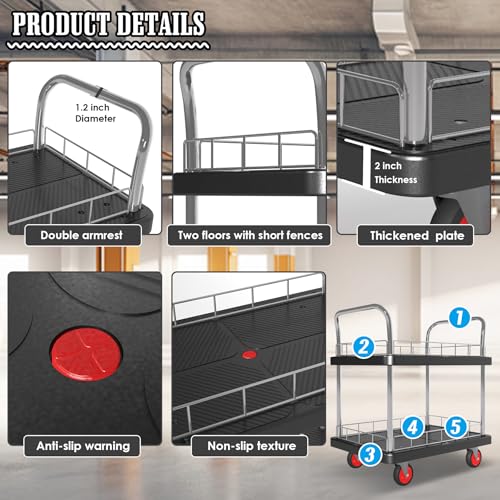 2 Shelf Utility Service Cart- 660lbs Capacity Heavy-Duty Plastic Rolling Utility Carts with 4 of 360° Swivel Wheels and Handle, Large Service Cart for Groceries,Warehouse,Garage 34.6''x 22.8'' - color: 660lbs Capacity