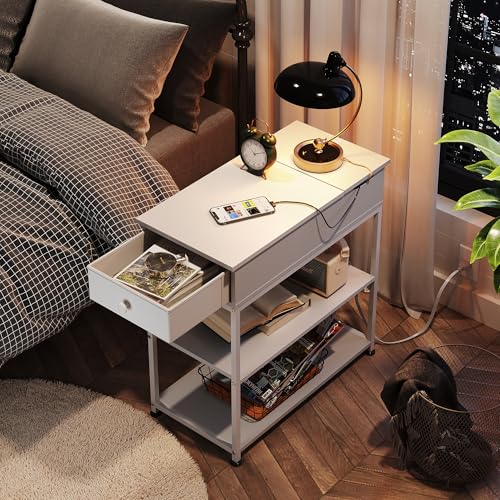 WLIVE Narrow Side Table with Charging Station, Couch Side Table for Living Room, Narrow End Table for Bedroom with Fabric Drawer, USB Ports and Power Outlets, Samll Nightstand Bedside Tables, White - color: White