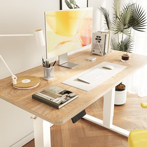 Cubiker Standing Desk, 63x28 Inches Sit Stand Home Office Desk, Electric Stand up Desk, Adjustable Desk with Splice Board, White Frame/Maple Top - color: Maple, size: 63x28