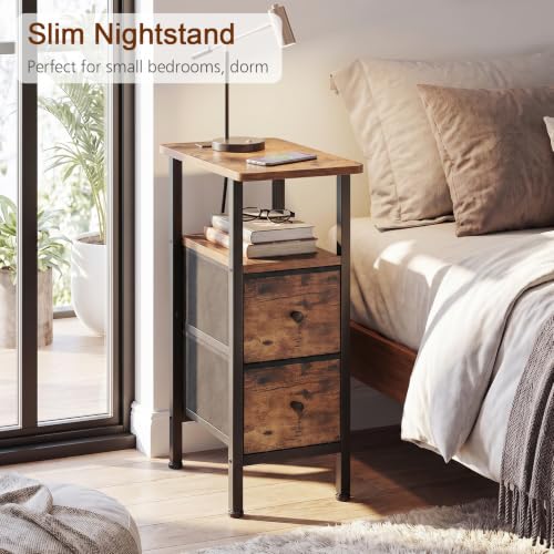 LOAKEKEL Narrow End Table with Charging Station, Side Tables Living Room | End Tables Living Room Set of 2, Skinny Nightstand with Fabric Drawers, Slim Sofa Table for Bedroom, Small Spaces, Brown - color: Rustic Brown + Black, style: Power