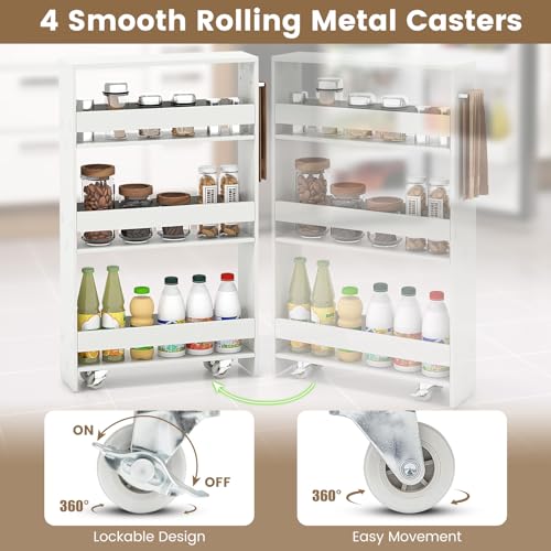 Slim Rolling Storage Cart, 4-Tier Kitchen Utility Carts on Wheels, Wood Shelving Unit Organizer Trolley with Handle, 5” Width Narrow Cart for Small Spaces, Laundry, Bathroom (White)