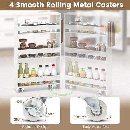 Slim Rolling Storage Cart, 4-Tier Kitchen Utility Carts on Wheels, Wood Shelving Unit Organizer Trolley with Handle, 5” Width Narrow Cart for Small Spaces, Laundry, Bathroom (White)