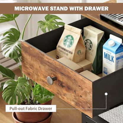 Kitchen Bakers Rack with Drawer,6 Tier Microwave Stand with Hooks | Adjustable Coffee Bar Station,Free Standing Bakers Rack with Storage,Kitchen Appliance Storage Shelf for Spices,Pots
