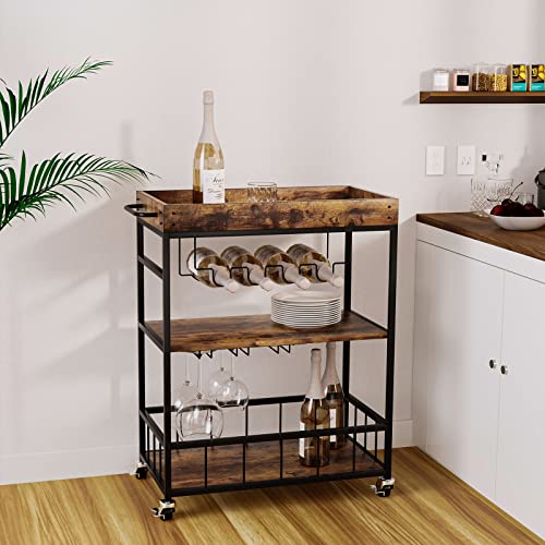 Bar Cart Serving Wine 3 Tier Home Rolling Rack with Wheels Mobile Kitchen Industrial Vintage Style Wood Metal Serving Trolley Serving Cart,Glass Holder Bar Cabinet - size: Rustic Brown, style: Standard