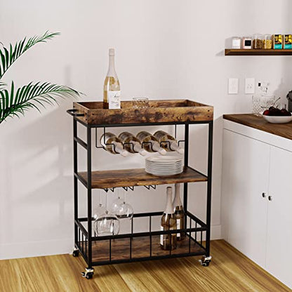 Bar Cart Serving Wine 3 Tier Home Rolling Rack with Wheels Mobile Kitchen Industrial Vintage Style Wood Metal Serving Trolley Serving Cart,Glass Holder Bar Cabinet - size: Rustic Brown, style: Standard