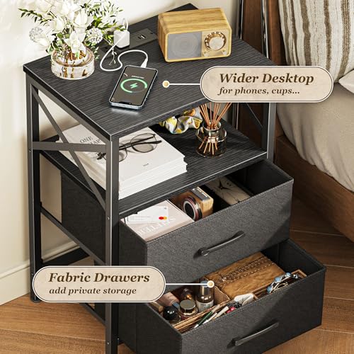 Huuger Nightstands Set of 2, Night Stand with Charger Station, 2 Drawer Side Table with Open Shelf, USB-C Port, End Table for Small Spaces, X Shaped Side Rail, Black - color: Black