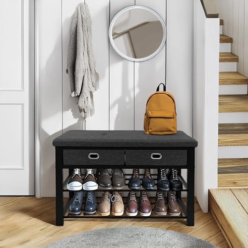 Finnhomy Entryway Shoe Rack with Cushioned Seat, Shoe Bench for Entry, 3-Tier Shoe Storage Organizer with 2 Drawers, Gray - style: Art Deco