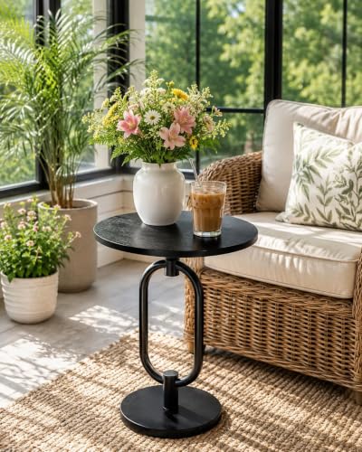 Black Round Side Table 17" x 19" Heavy Duty Metal Pedestal Matel Base Accent Table for Small Spaces Modern End Table for Living Room, Bedroom, Beside Sofa or Couch – Easy Assembly - color: Black-u