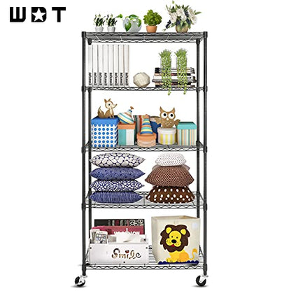 WDT 5-Shelf Shelving Units on Wheels Casters, Adjustable Heavy Duty Metal Shelf Wire Storage Rack for Home Office Garage Kitchen Bathroom Organization(16”Wx36”Dx75”H), Black - size: 5Tier 36"W x 16"D x 75"H