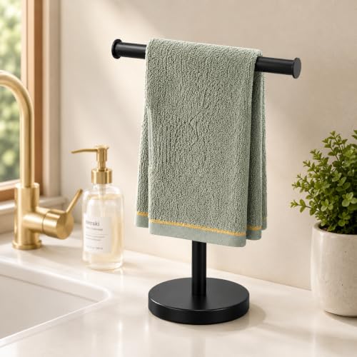 Hand Towel Holder Stand, Freestanding Bathroom Towel Rack, Black | Weighted Stainless Steel Base Helps Prevent Tipping While The Open T-Shape Keeps Towels Dry on Bathroom Countertops - color: X-black-1 Pack