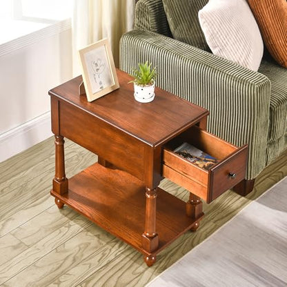 Narrow End Table with Drawer and Open Storage Shelf, Solid Wood Sofa Side Table for Living Room, Beside Table,Telephone Table for Small Spaces, No-Tools Assembly Caramel Brown BBJ004DR - color: Caramel Brown