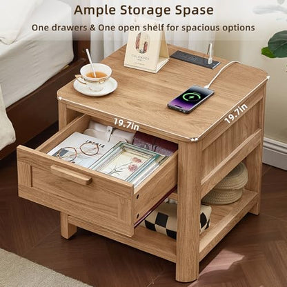 Joaxswe Farmhouse Side Table Set of 2 Living Room, Small Night Stand with 1 Drawers & Open Shelving & 4 Thickened Table Legs, Dark Wood - color: Dark Wood, size: Set of 2
