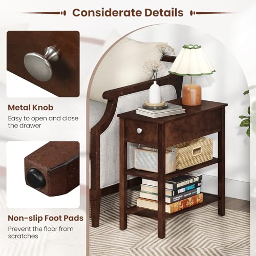 Giantex Narrow End Table Set of 2, Farmhouse Side Tables with Drawer & Storage Shelves, Wood Sofa Side Tables, 3-Tier Nightstands for Small Space, Living Room, Bedroom, 23.5"L x 12"W x 24.5"H, Walnut - color: Walnut
