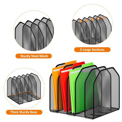 FUCDTEFC Desk File Organizer, Adjustable 5 Sections Upright Desktop Organizer File Sorter, Sturdy Metal Mesh Vertical Bookshelf File Holder Workspace Accessories for Home,School,Office Classroom,Black