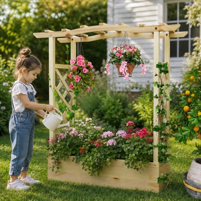 Giantex Raised Garden Bed with Trellis & Hanging Roof, Wooden Elevated Planter Box with Drainage Hole, Freestanding Gardening Planter Raised Bed for Flowers Herbs Climbing Plants Vines, 44”x14”x45” - color: Natural, size: 44”x14”x45”
