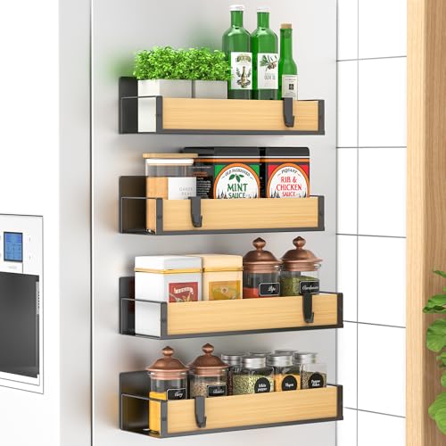4 Pack Magnetic Spice Storage Rack Organizer for Refrigerator and Oven, Wood Fridge Organizers and Storage | Magnetic Shelves Heavy Duty for Fridge in Kitchen, Seasoning Storage Organizer, For Oven Washer and Dryer, For Heavier Items - color: Wood, size:
