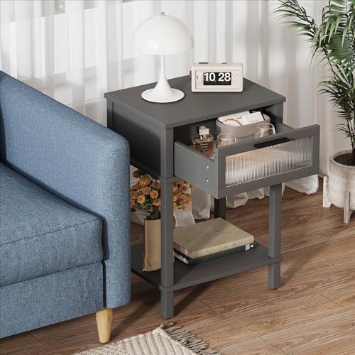 Nightstand Wooden Bedside Table with Drawer Grey Night Stands Modern Style Small End Table Side Table with Storage Shelf for Bedroom Living Room MLBZ10G - color: Grey