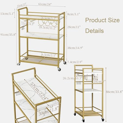 3 Tier Bar Cart, Small Beverage Cart, Mini Bar Cart with Wine Rack, Compact Mini Bar Cart - Please Refer to the Exact Dimensions for Usage Matching Dimensions: 22" W × 13" D × 35.8" H GBC507G - color: Gold, size: General