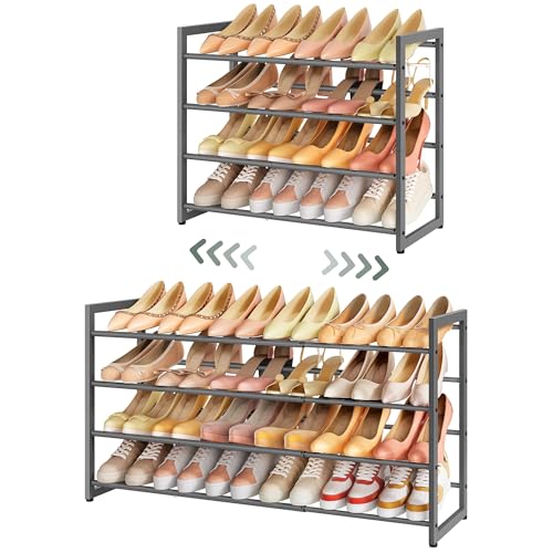 FAVOOSTY 4-Tier Expandable Shoe Rack, Adjustable Shoe Shelf Storage Organizer Space Saving Metal Free Standing Shoe Rack for Entryway Closet Doorway, Silver Grey - color: Silver Gray, size: 4 Tier