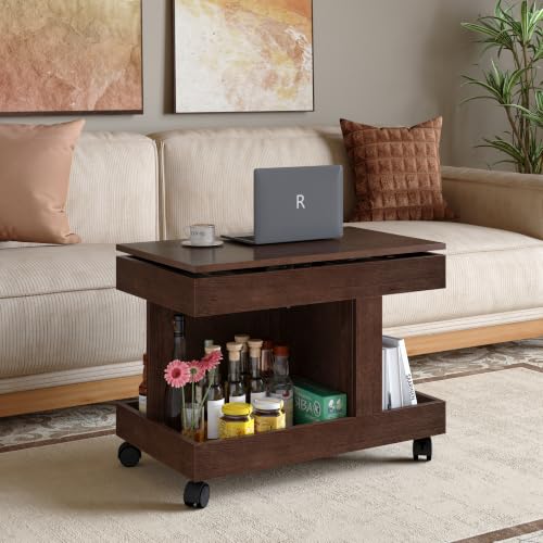 Multifunctional End Table with Wheels and 360° Rotating Desktop | Rolling Design, Storage Compartment, Sofa Side Narrow Table, Bedside Use, Living Room & Bedroom - color: Walnut-7.15