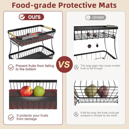 Sevenblue 3-Tier Fruit Basket with Banana Hangers, Detachable Metal Bowl | Wooden handle, protective mats included. Versatile holder for bread, snacks, and veggies. Large 3 tier metal design. - color: Brown, size: 3 Tier