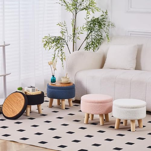 Wimarsbon Storage Ottoman, Modern Round Footrest with Soft Padded Seat, Teddy Velvet Footstool with Wood Legs, Accent Small Table or Plant Stand for Hallway, Living Room (Cream) - color: Cream