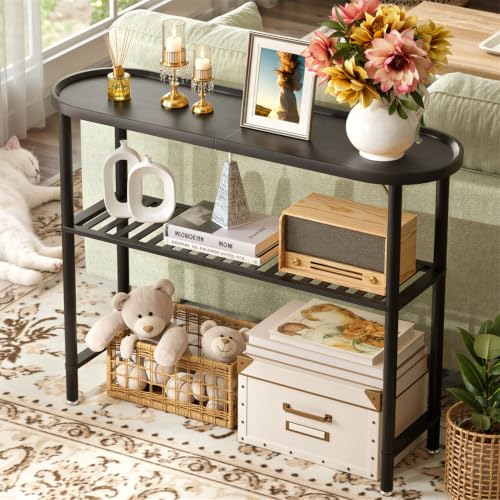 Black Entryway Table for Hallway Bamboo 39.4", Outdoor Console Table Oval Top, Sofa Table Behind Couch 2-tier, TV Stand Plant Stand with Anti-fall Edge, 5min Easy Assembly, 39.4"L x 11.8"W x 29.7"H - color: Black, size: 39.4"L x 11.8"W x 29.7"H