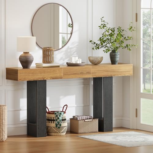 HOOBRO 63 Inch Console Table, Entryway Table with Expandable Tabletop, Long Sofa Table Behind Couch Table for Living Room, Hallway, Foyer, Black and Walnut BH176XG01