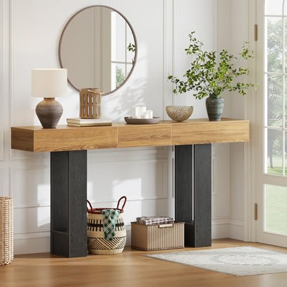 HOOBRO 63 Inch Console Table, Entryway Table with Expandable Tabletop, Long Sofa Table Behind Couch Table for Living Room, Hallway, Foyer, Black and Walnut BH176XG01